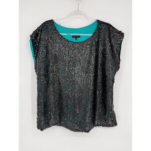 Black Gold Sz 2X Sequin Embellished Sheer Mesh Top Black Short Sleeve Evening